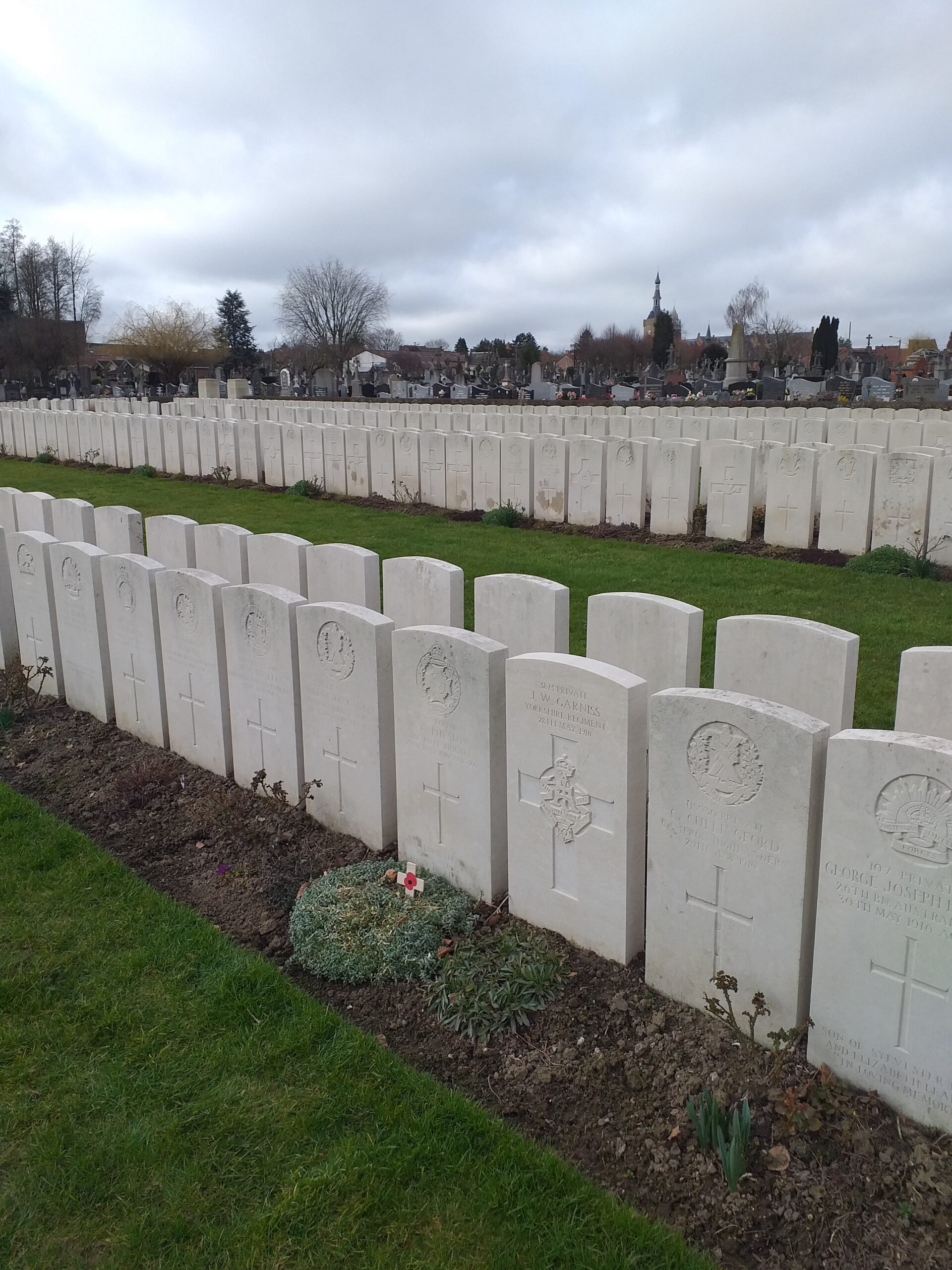 Rows of Commonwealth War Graves Commission headstones in the cemetery at Balieul, Somme, France